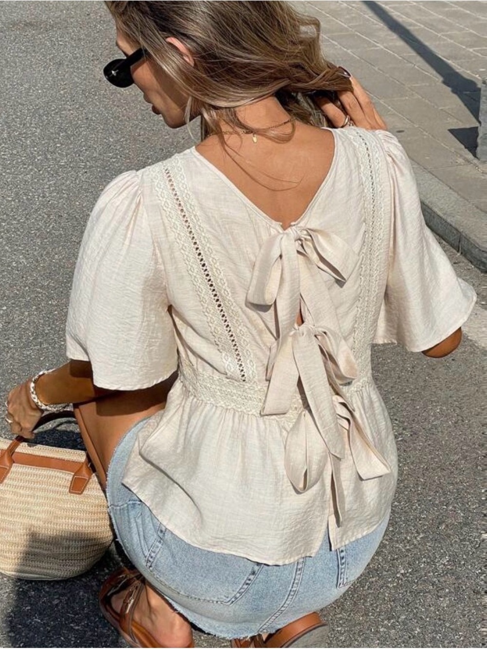 Women's Cream Tie-Back Lace Trim Peplum Top